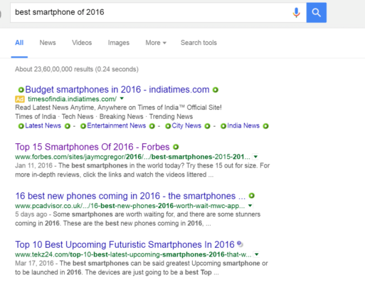 search results for best smartphone of 2016 in Google