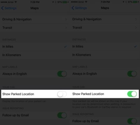 Enable Show Parked Car in iOS 10 Maps Settings