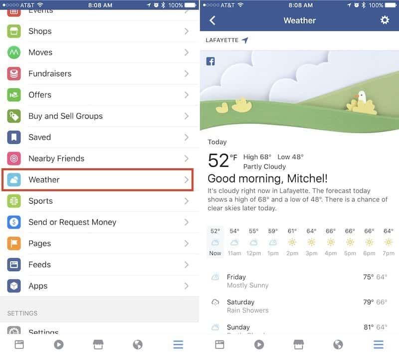 Facebook's weather forecast feature on iOS