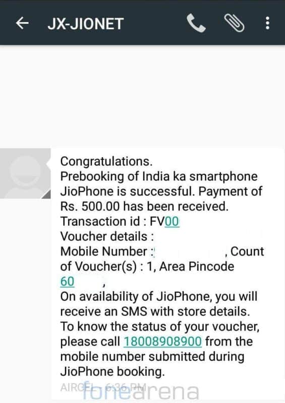 Reliance Jio JioPhone pre-order confirmation