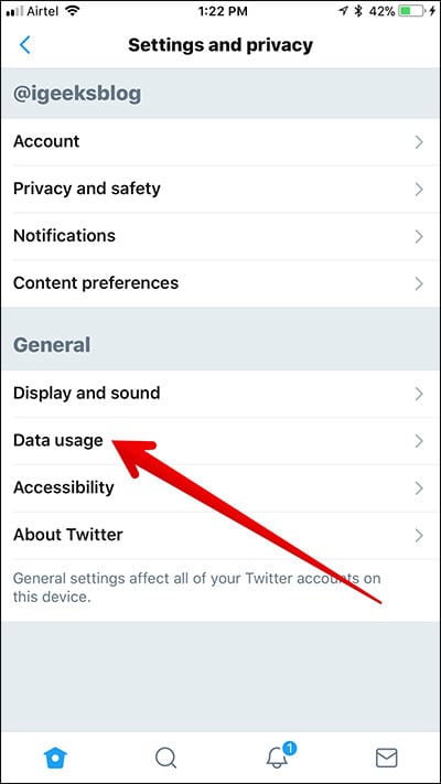 Tap on Data Usage in Twitter on iPhone