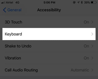 Tap on Keyboard in iPhone Acccessibility Settings