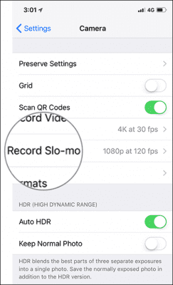 Tap on Record Slo mo in iPhone X Settings