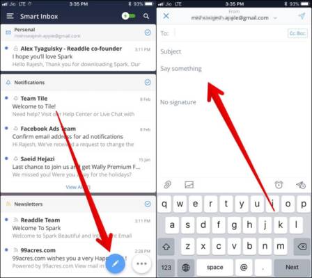 Tap on tiny pen icon to create new email and then write the message in Spark App