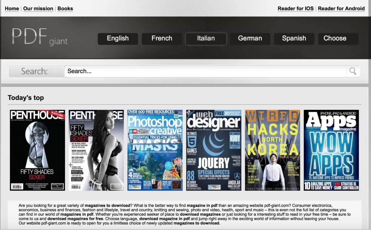 PDF Giant is a multilingual website containing thousands of magazines in PD...