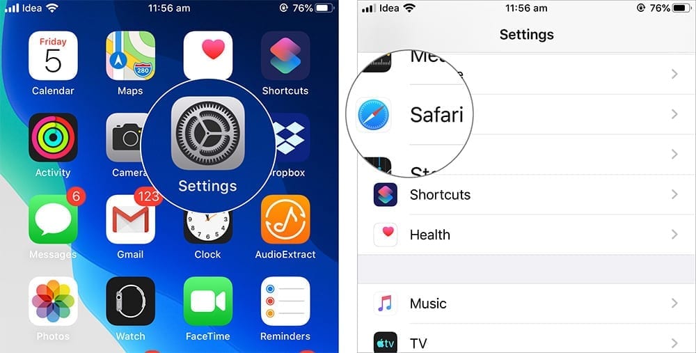 Open Settings and Tap on Safari in iOS 13