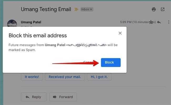 Click Block Button in Gmail on Computer