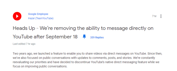 YouTube official message to stop the chat service