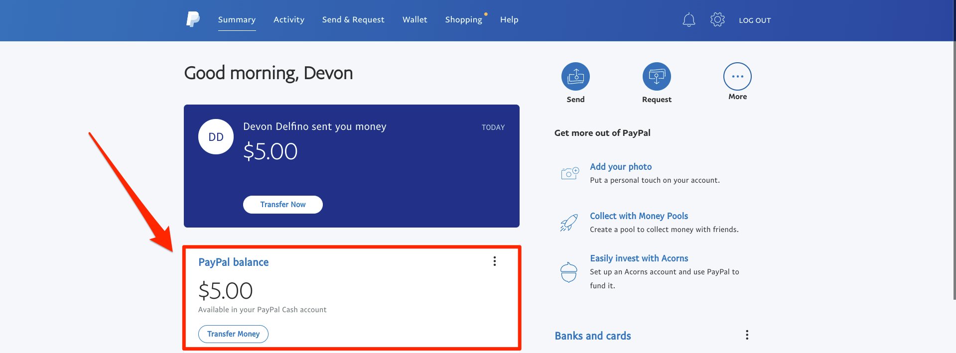 PayPal Balance Desktop Mobile