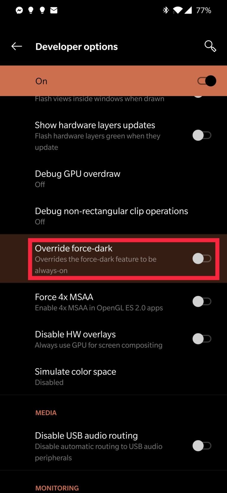 Dark Mode Developer Options 