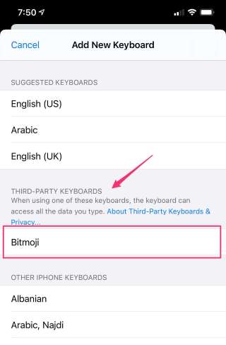 Add Bitmoji iPhone Keyboard 