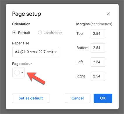 Google Docs Page Setup Page Color Icon