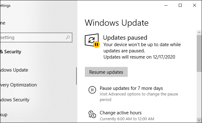 Pause Updates Windows 10