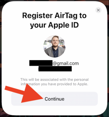 Tap The Continue Button To Register The Airtag