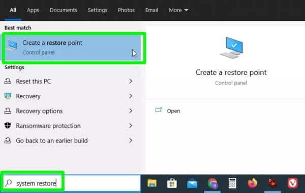 select the create a restore point option
