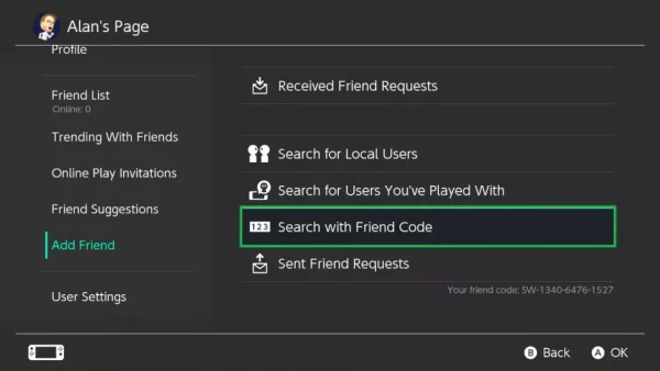 Select The Search With Friend Code Option