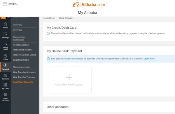add new bank account, alibaba.com
