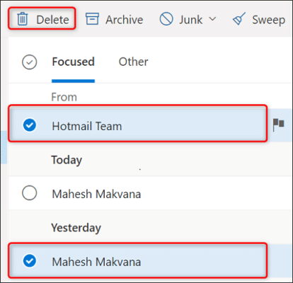 Select Non Consecutive Emails And Choose Delete At The Top.