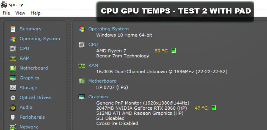 CPU GPU Temps Test with cooling pad