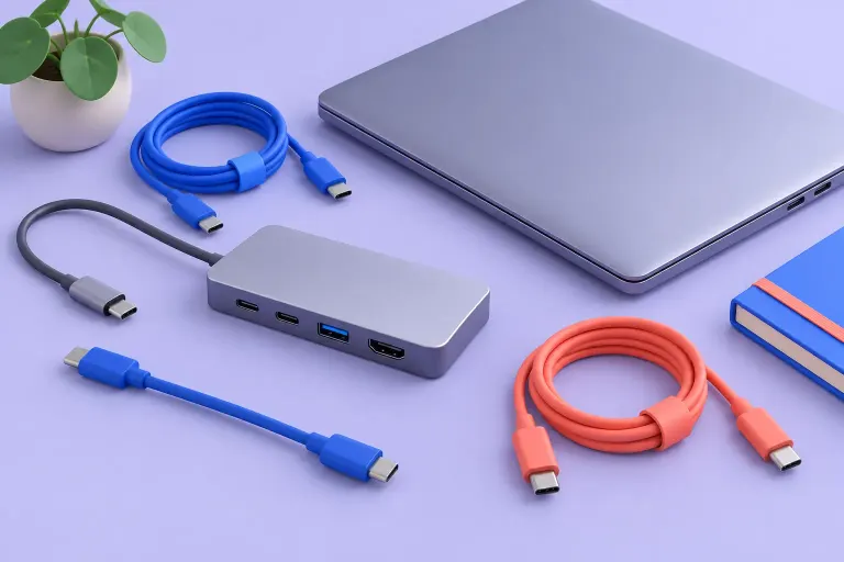Illustration of generic cables and devices arranged on a violet desk