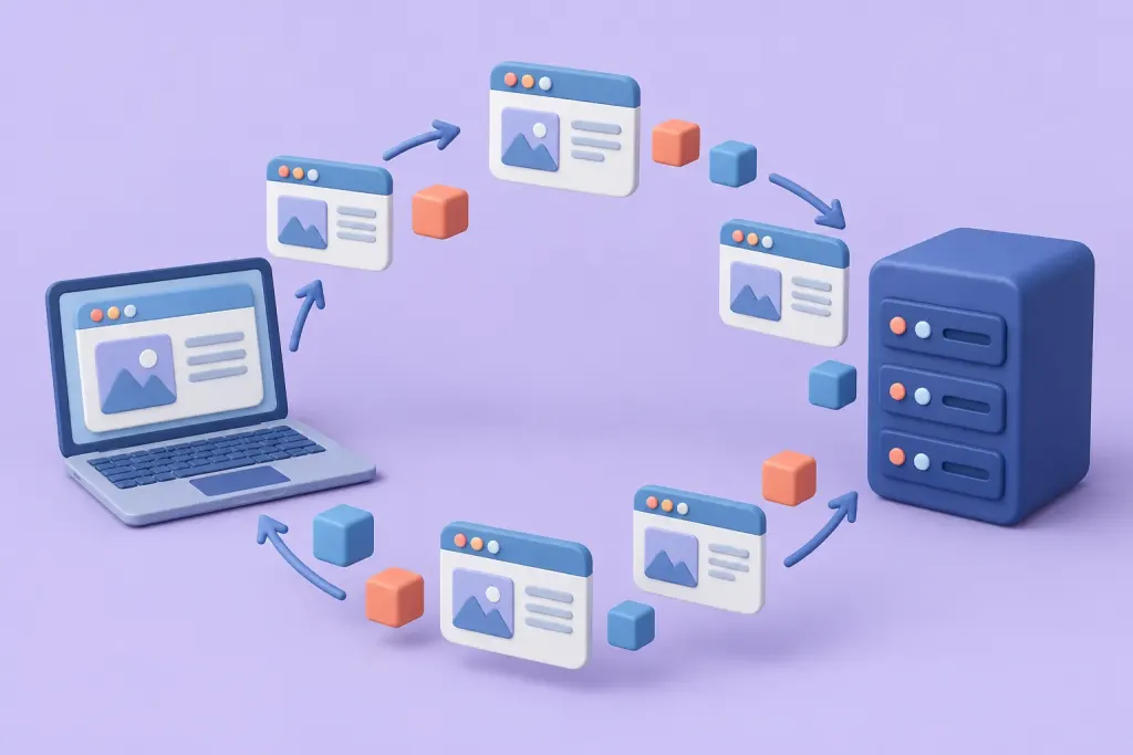 Illustrated browser cards passing between a device and stacked storage shapes