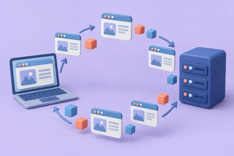 Illustrated browser cards passing between a device and stacked storage shapes