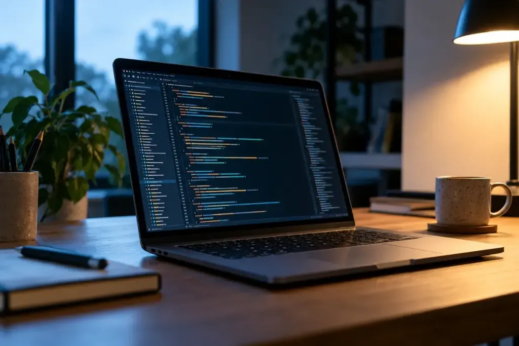 A laptop on a desk displaying an abstract code editor.