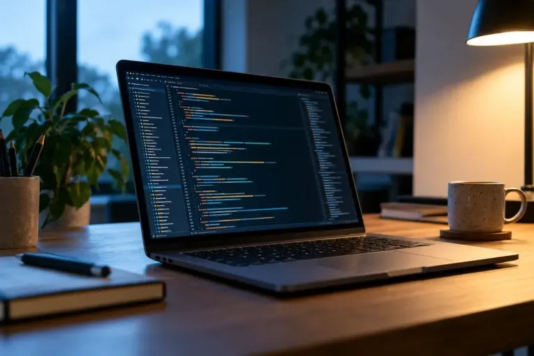A laptop on a desk displaying an abstract code editor.