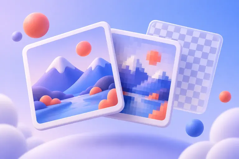 Illustrated stack of abstract image cards with smooth and pixelated patterns