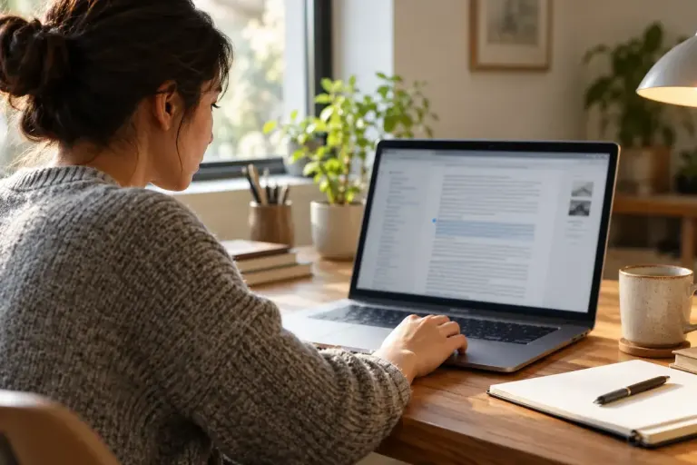 A laptop displaying a long reference document in a quiet workspace.