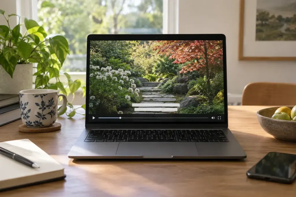 Laptop displaying an illustrative video player with caption bars beneath a garden scene.